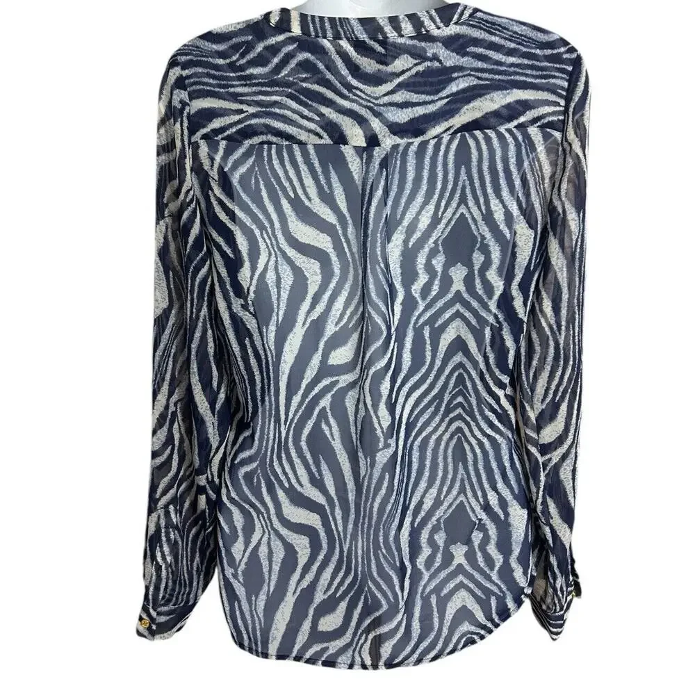 ecru Blue Animal Print Blouse Sz M Loose V-Neck Long Sleeve Top Semi Sheer